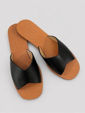 Either/Or Black Leather Slide Sandals Minimalist Flat Slip-On Comfort Slides